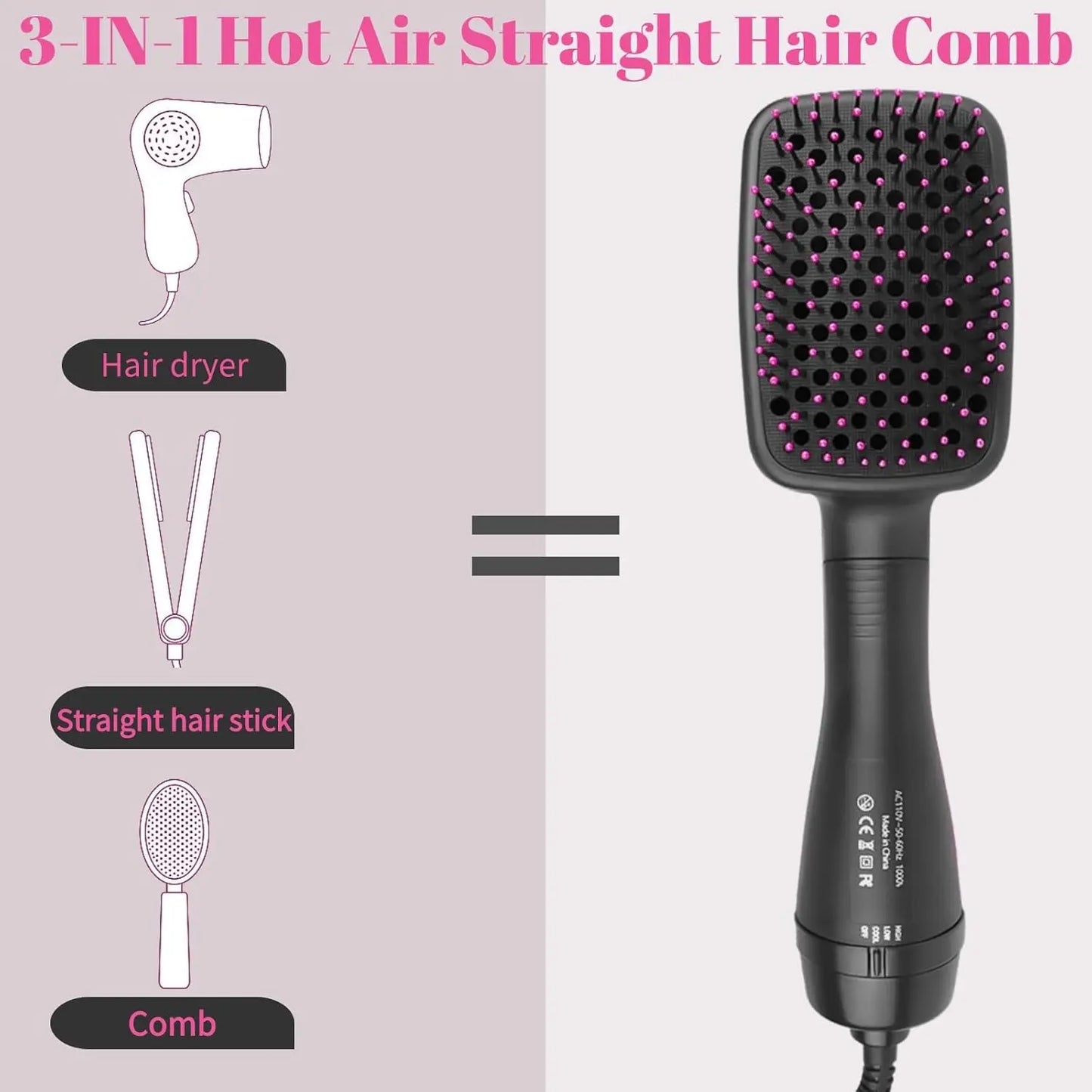 2 in 1 hot air comb, with high-speed ion airflow, use air to straighten, no thermal damage, smart temperature for medium and lon