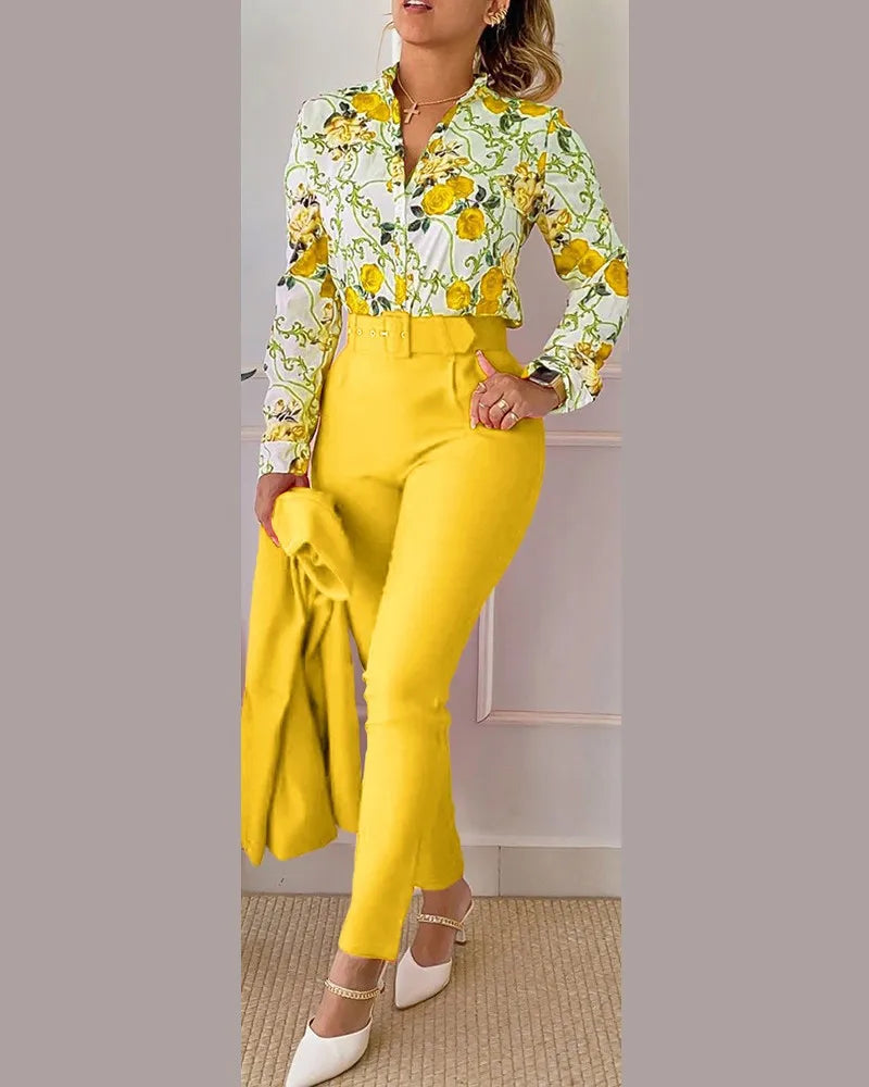 Women Shirt Pants Set Autumn Elegant Fashion V Neck Floral Print Long Sleeve High Waist Office Lady Casual Trousers Suits
