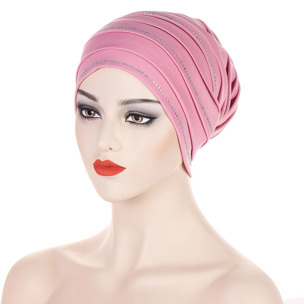 2024 New Rhinestones Women's Pleated Turban Cap Candy Color African Hat Nigeria Geles Muslim Headscarf Bonnet Ladies Head Wraps