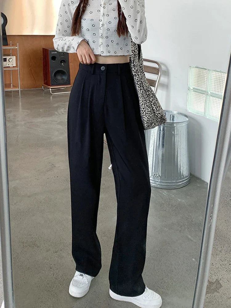 Zoki Elegant Chic Suit Pant Women High Waist Solid Straight Trousers Korean Casual Fashion Loose Spring Summer Wide Leg Pants
