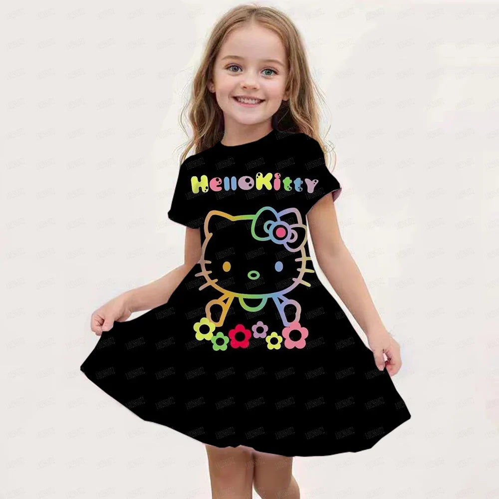 Kids Girls Clothes Kawaii Cartoon 3D Kuromi Printed Adults Party Popular Dresses Summer Short Sleeve Parent-child Clothing Dress
