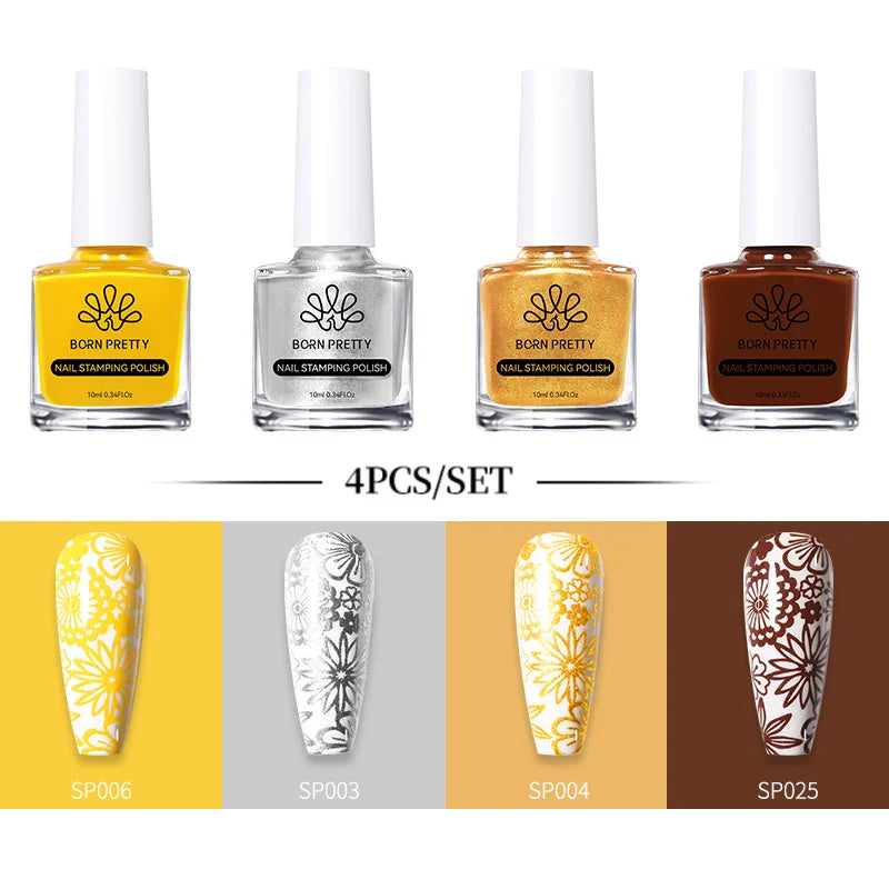 BORN PRETTY 10ml Stamping Nail Polish Set Gold Silver Black White Color Nail Printing Polish DIY for Nail Plate Design Varnish