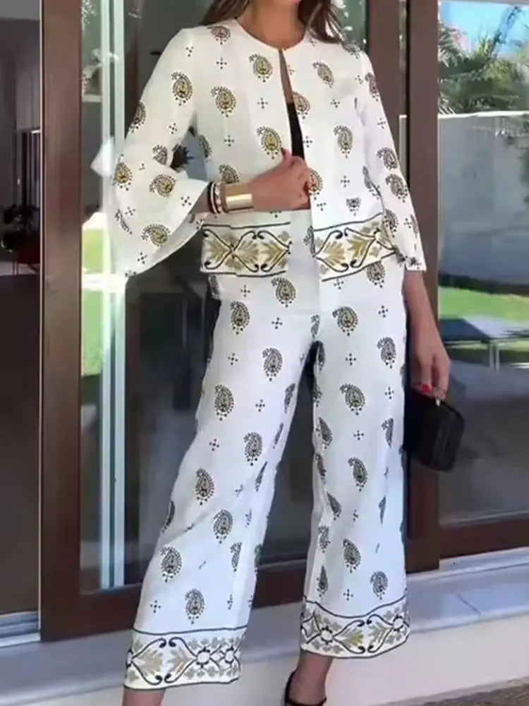 HH Women's Print 2 Piece Set Bell Sleeve Open Front Blouse & Wide Leg Pants Suit For Women Casual Daily Holiday Boho Outfits