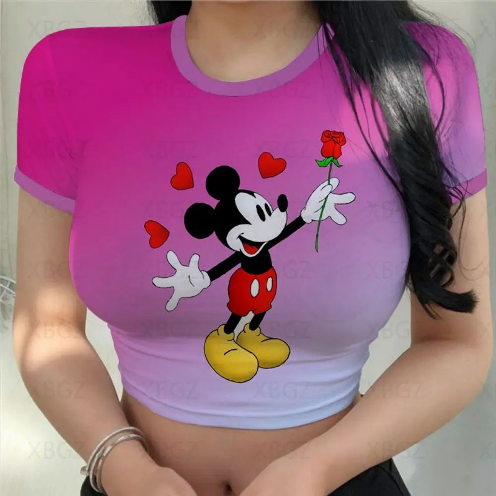 T-shirts Slim Fit Y2k Print Woman Clothes Cartoon Fashion Blouses 2024 Sexy Women's T-shirt Mickey Crop Top Minnie Mouse Disney