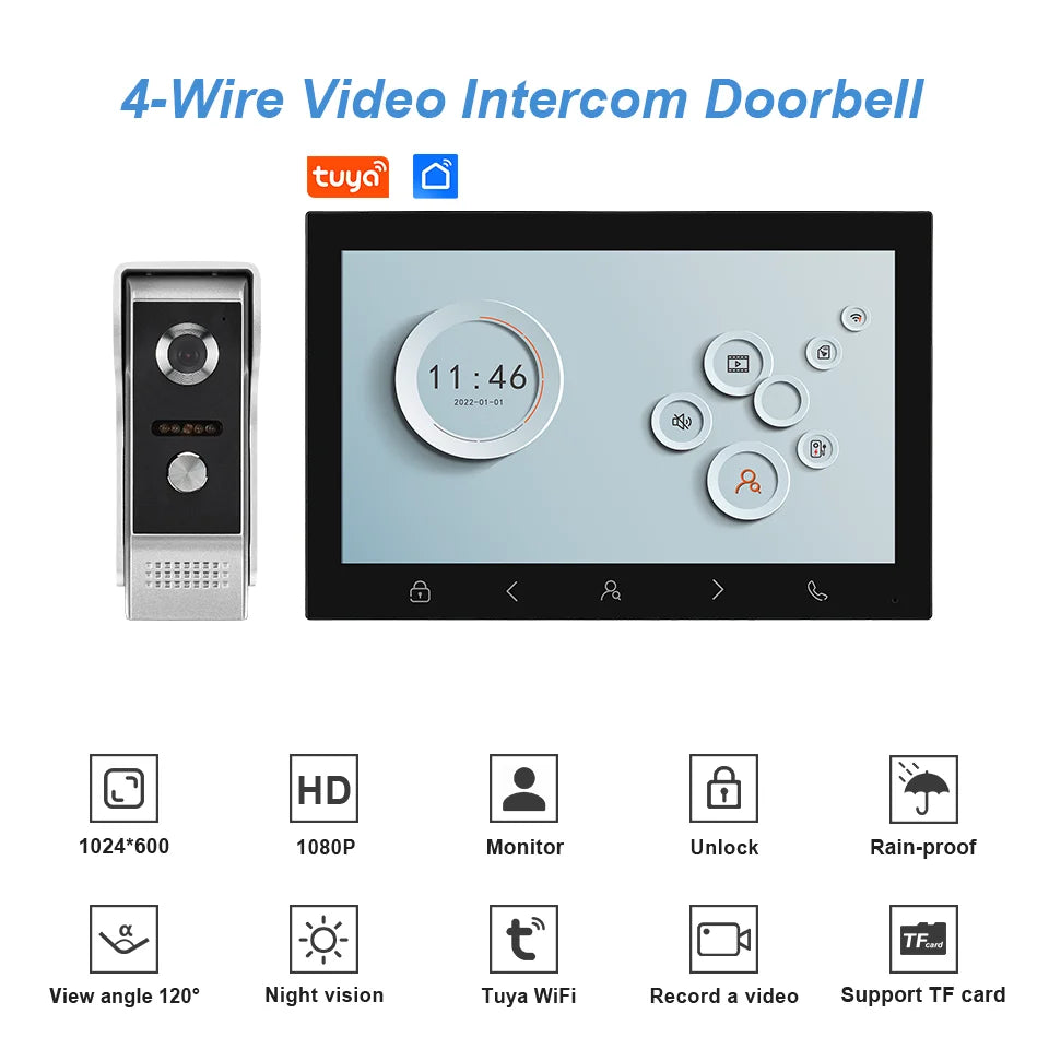 10 Inch IPS Screen Tuya APP 4Wire WIFI Video Door Phone Intercom Visual Doorbell 120Degree Wide Angle Home Security Door Viewer