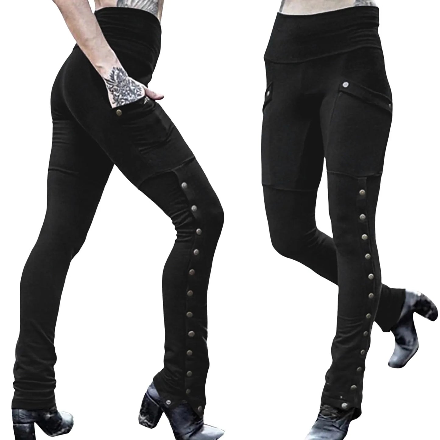 Black Pencil Pants For Women Medieval Gothic Steampunk Rivet Skinny Leggings Trousers Sexy Fashion High Waisted Denim Pants