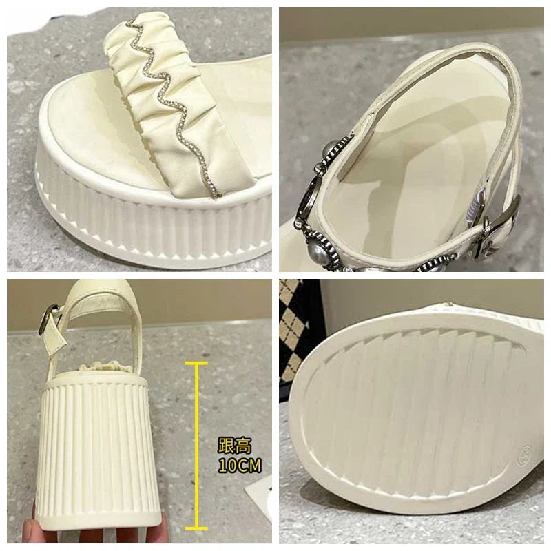 Fujin 10cm PU Synthetic Microfiber Leather Peep Toe Shoes Bling Rhinestone Platform Wedge Fashion Slippers Women Sandals Pumps