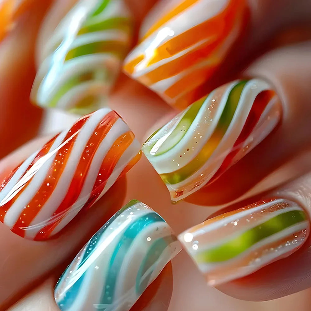 24pcs Golden Stripe Press on Nails Long Square False Nails Full Cover Nail Tips.