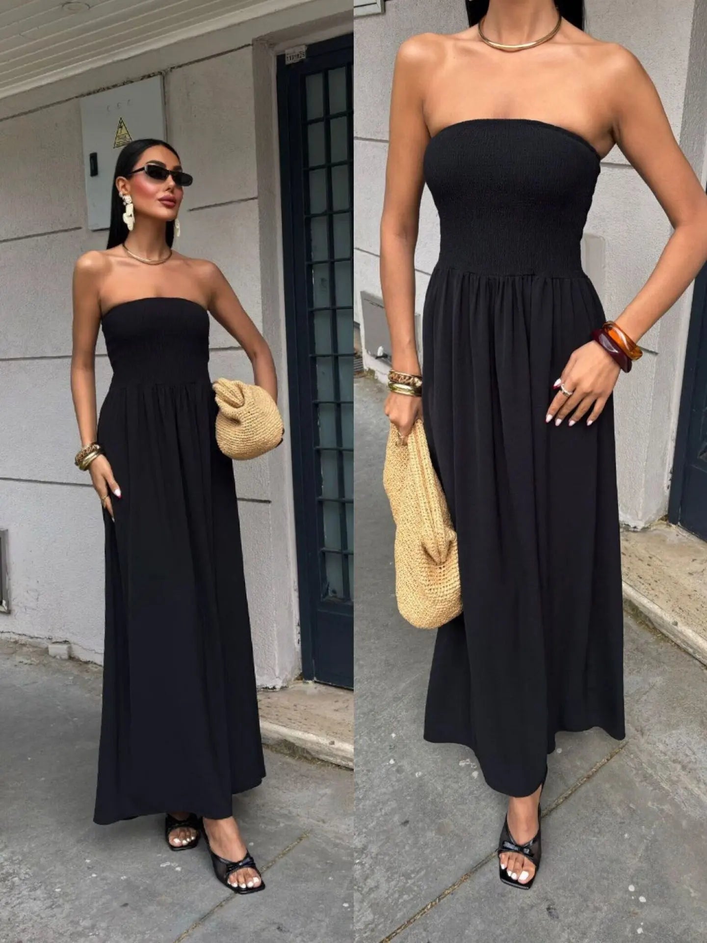 2026 New Summer Fashion Solid Color Off-Shoulder Strapless Waist-Cinching Long Dress for Women