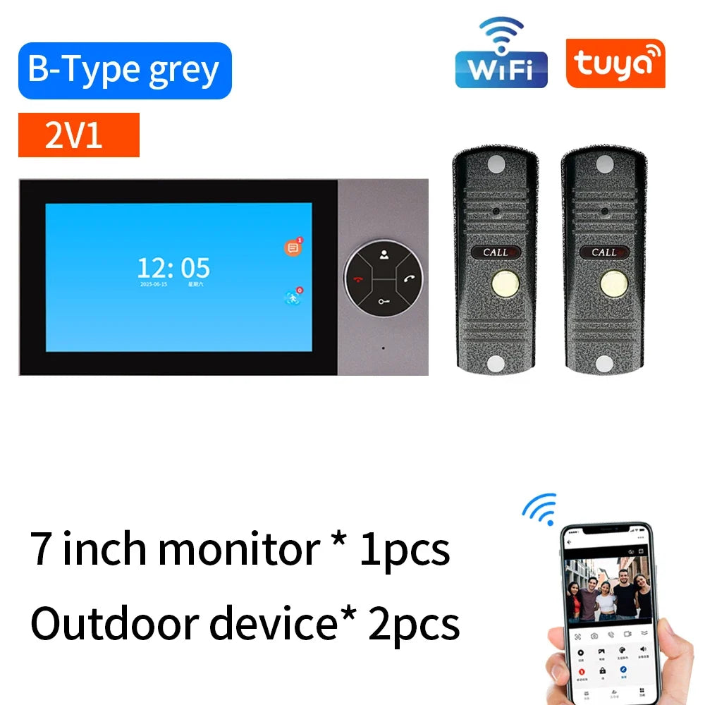 Wifi Wired Smart Home Video Door Intercom System 7" Color Screen Monitor AHD 1080P Doorbell Tuya App Remote Unlock