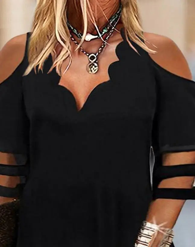 Women Summer Mini Dresses Fashion Women's Clothing Solid Elegant Hollow Out Scallop Trim Cold Shoulder Casual Dress