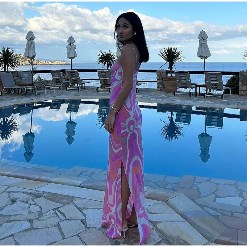 Chic Print Sling Long Dress Women Sleevless Backless Side Split Party Dresses 2025 Summer Street Beach Lady Ankle-length Robes