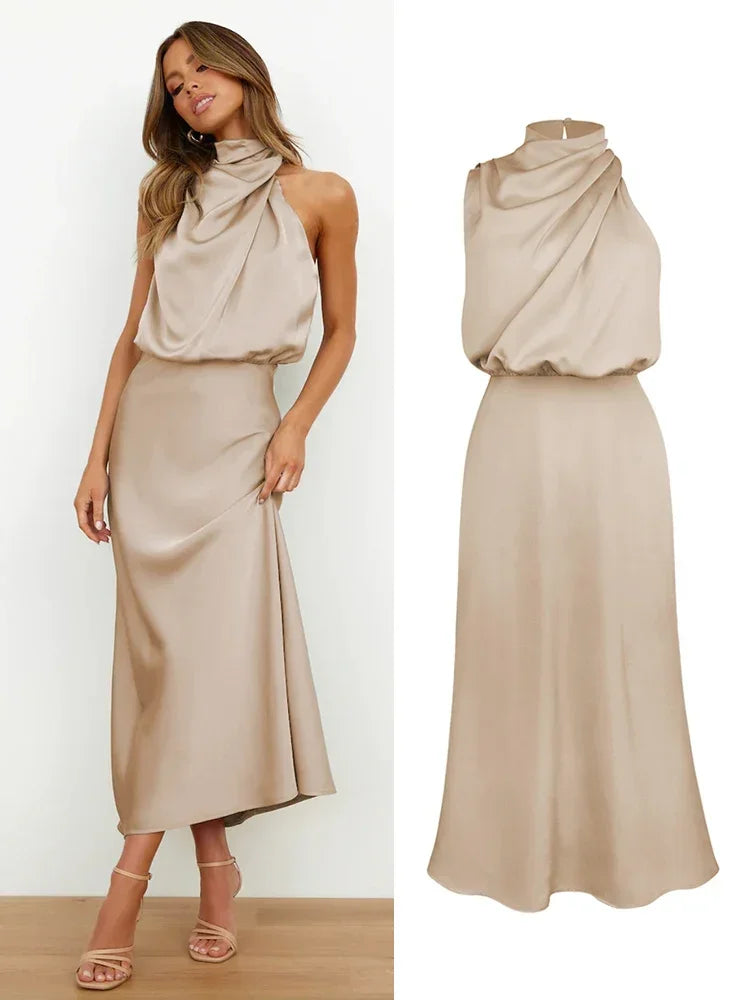 Summer Luxury Sleeveless Silk Satin Long Dress Women Elegant Off Shoulder Celebrity Evening Dress Partywear Lady Trumpet Dress