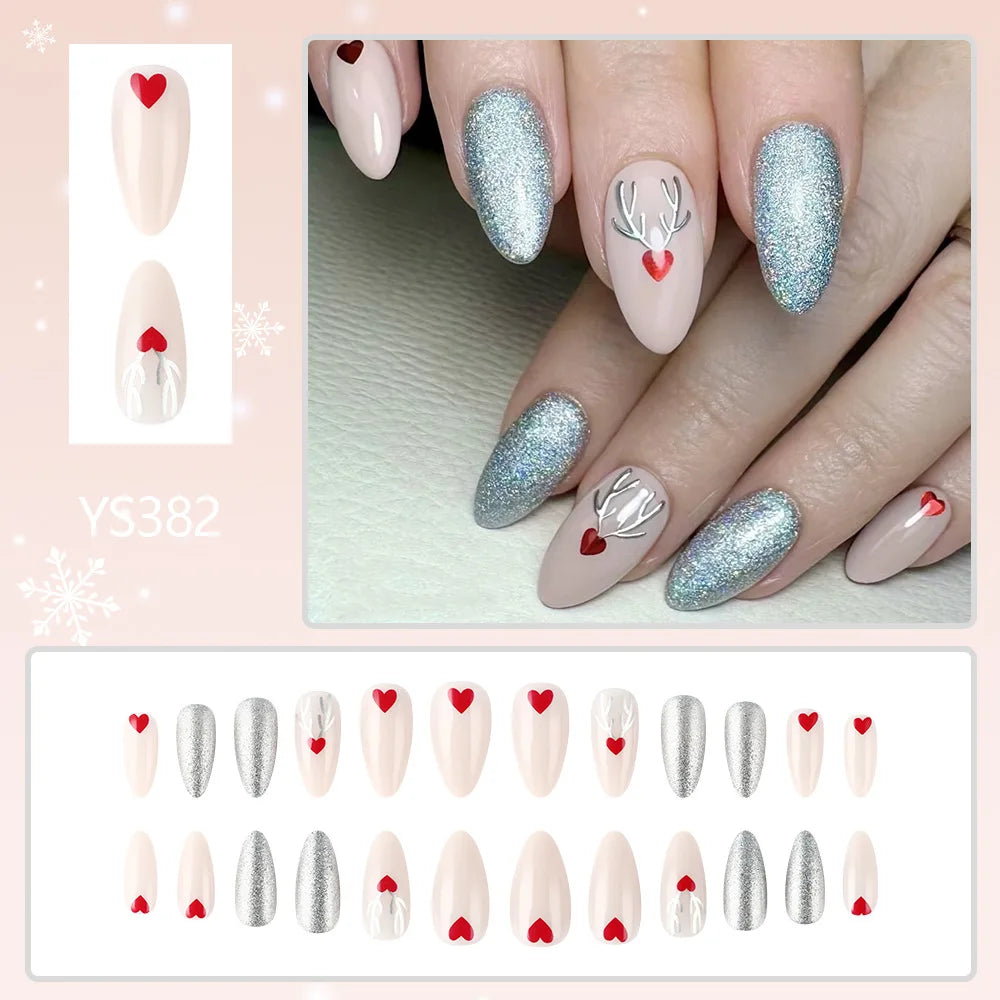 24pcs Long Ballet Christmas False Nails Cute Gingerbread Xmas Tree Fake Nails Women Wearable Full Cover European Press on Nails
