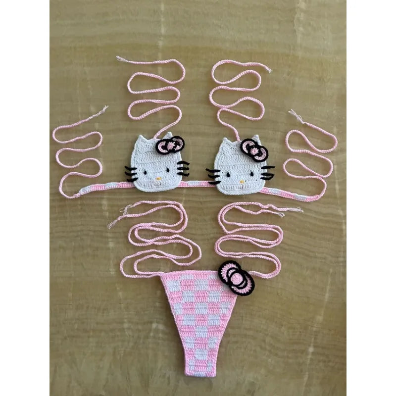 Cute Crochet Bikini Set 2 Pieces Lady's Bathing Suits Sexy Micro Bikinis Ties Swimsuit Thong Swimwear Kwaii Womens Swimming Suit