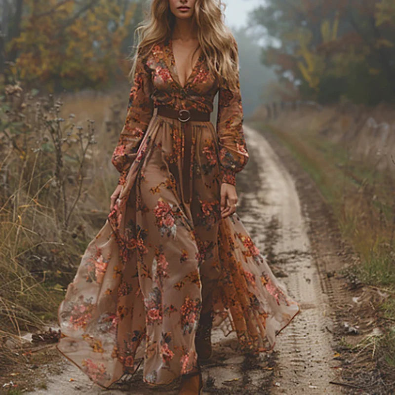Vintage Pattern Printed Long Sleeved Women's Dress Casual V-neck High Waist Pleated Autumn Dress Elegant Loose Bohemian Dresses