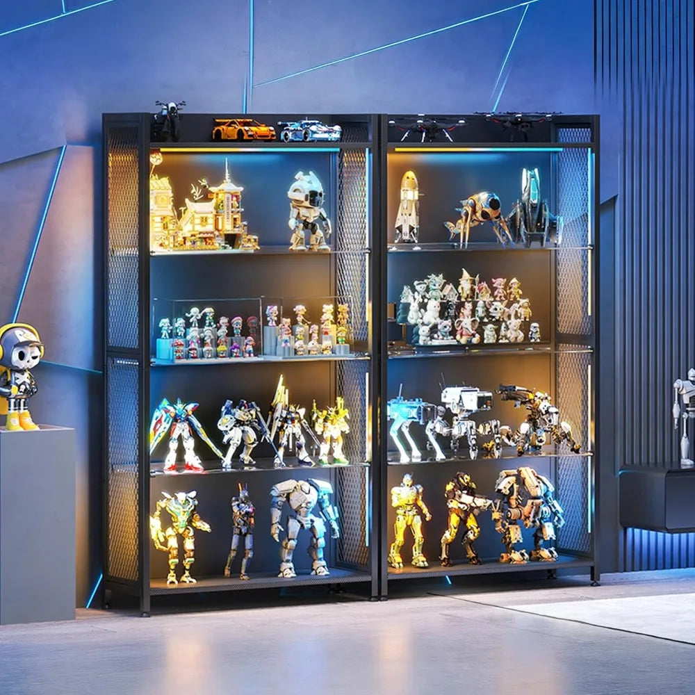 LED Display Cabinet with Glass Shelves, 5-Tier RGB Lighting Curio Case for Collectibles Storage.