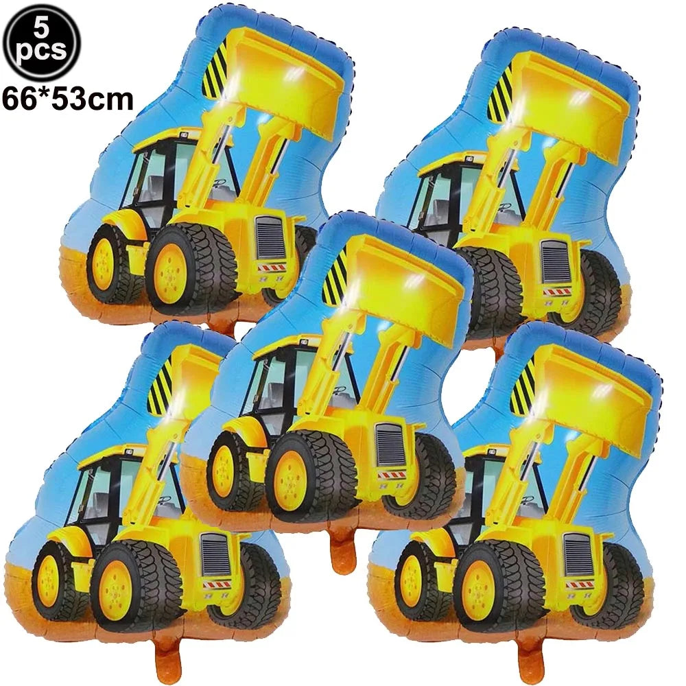5pcs Construction Themed Balloon Carton Vehicle Balloon Excavator Forklift Crane Balloons for Boy's Construction Birthday Party