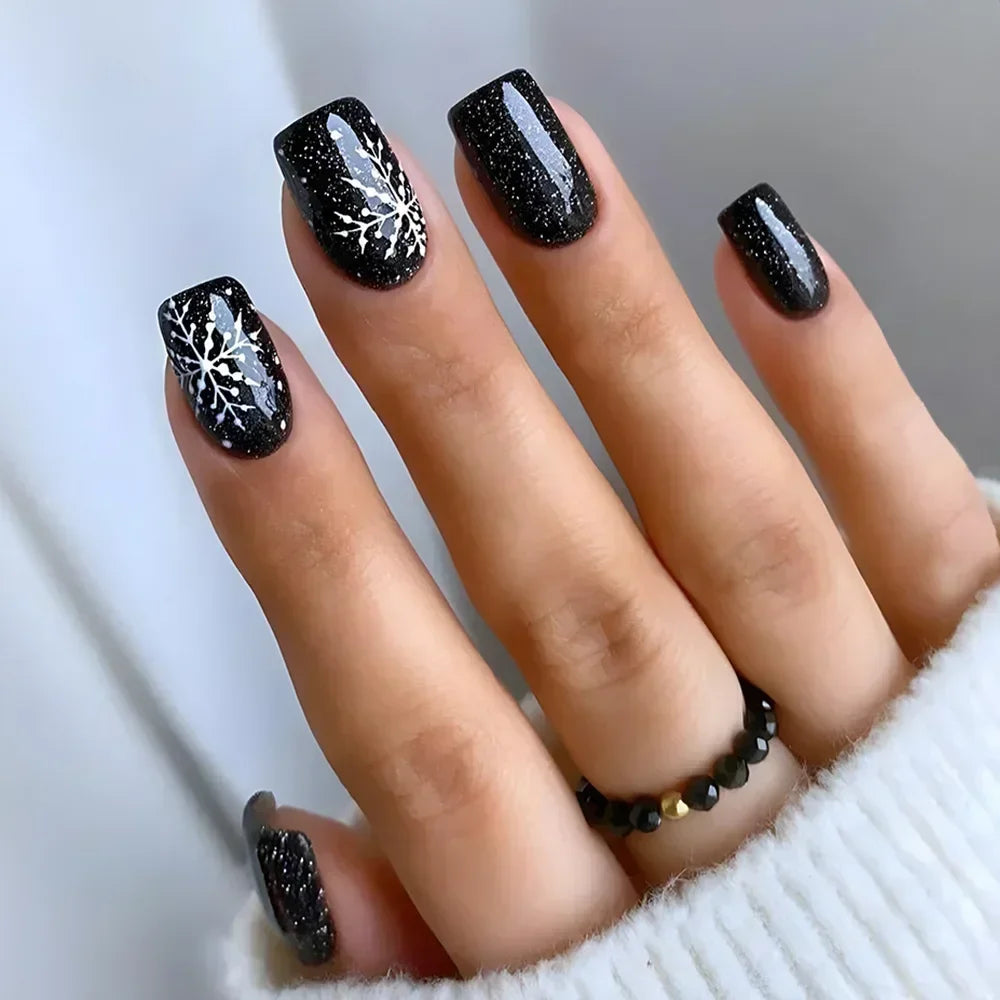 24Pcs Coffin Christmas Handmade Press on Nails Full Cover Snow Tree Design Santa Claus False Nails Wearable Manicure Nail Tips