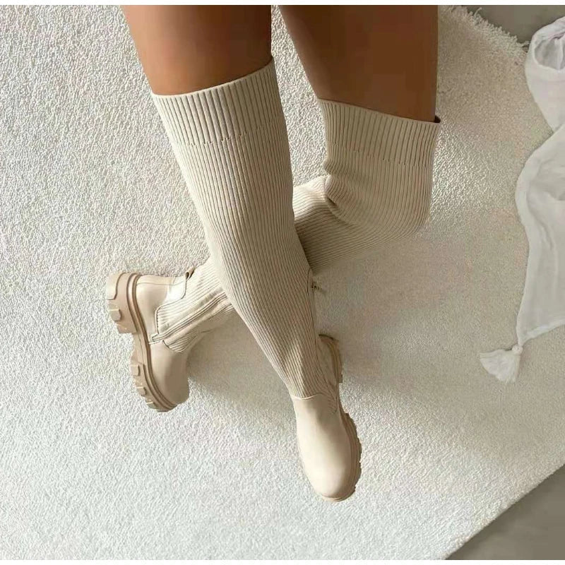 Women Thick Sole Boots, 2024 Autumn Winter Breathable Thigh High Shoes.