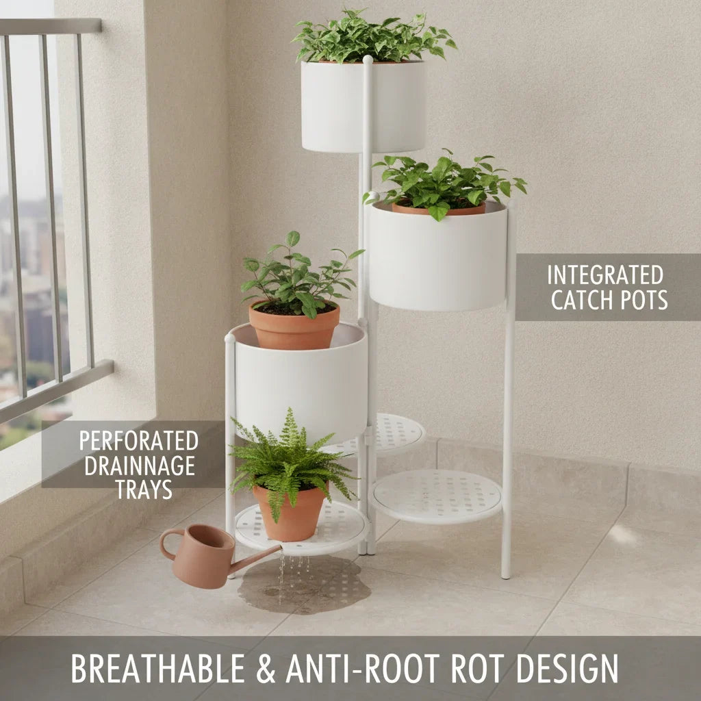 Corner Plant Stand 3-Tier, Nordic Iron Flower Pot Holder with Foldable Design, Space-Saving Ladder Plant Shelf for Indoor Outdoor, White