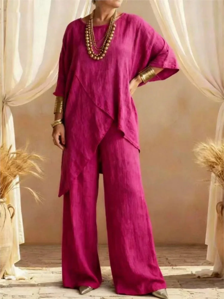 2026 Fashion Loose Women's Matching Sets Casual Half Sleeve Loose Tops And Wide Leg Pants 2 Piece Outfits Woman