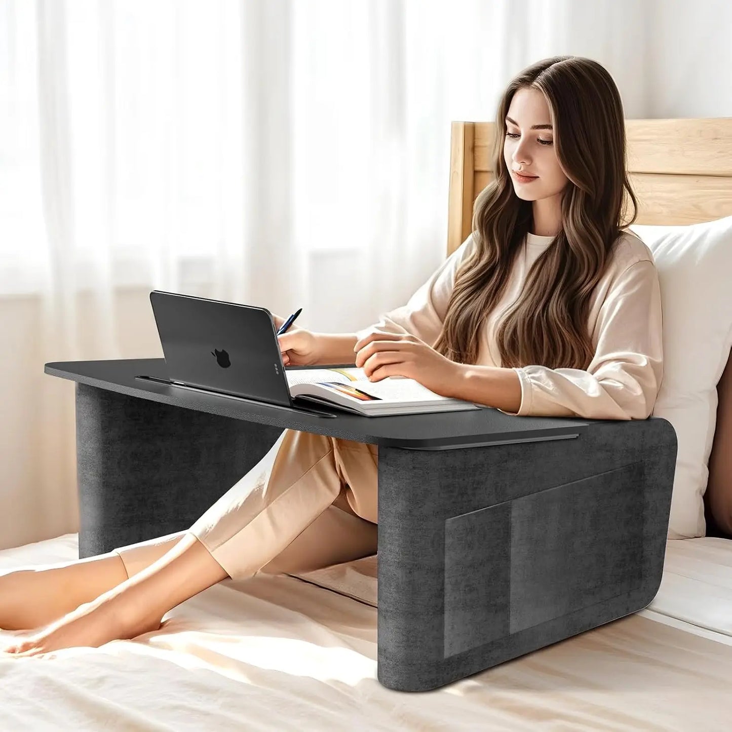 Overbed Table With Tablet And Phone Slot, Over Bed Desk With Arm Rests, Bed Table For Eating And Laptop, Working, Writing In Bed