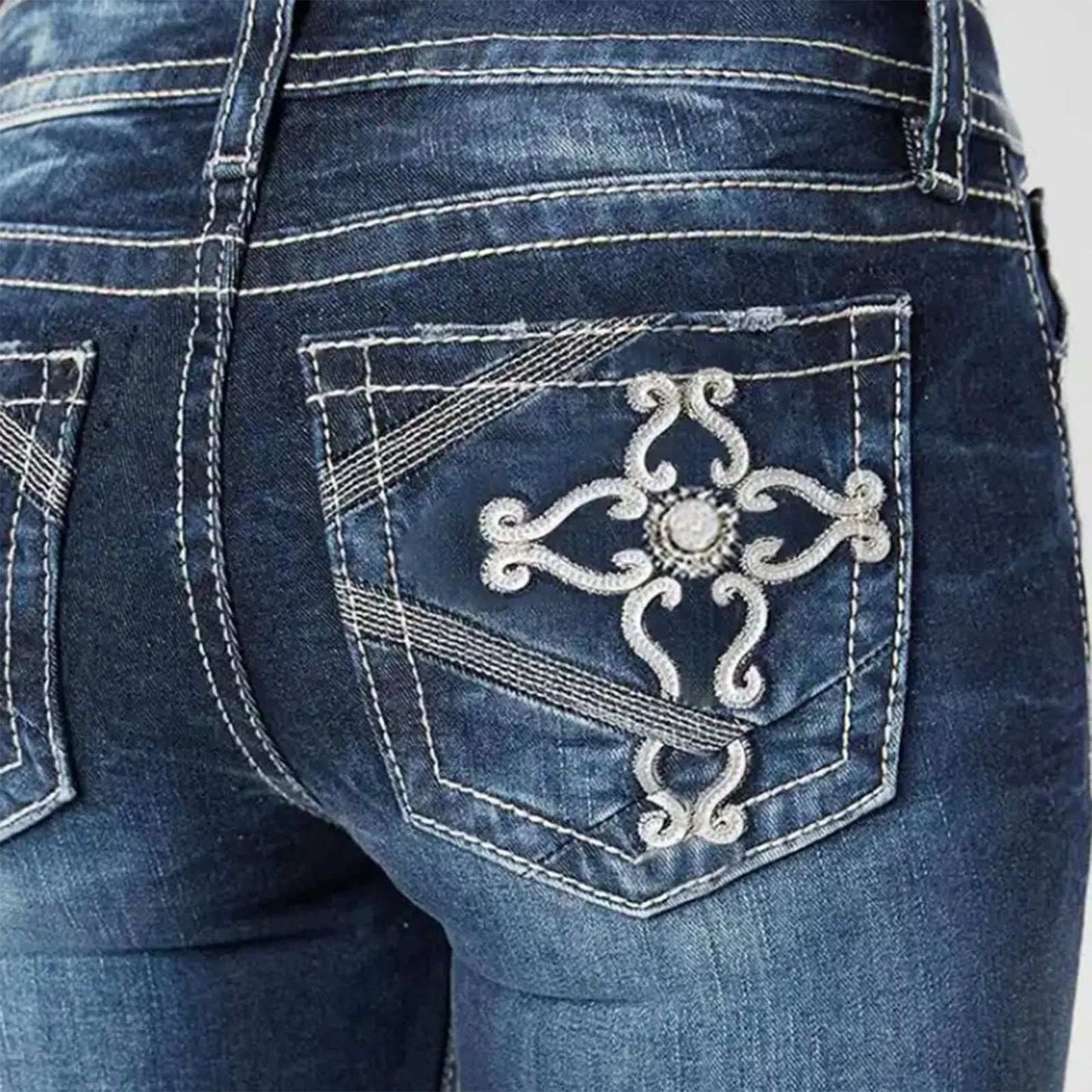 Womens Jeans Mid Waisted Straight Leg Long Pants Stretch Juniors Jeans Washed Back Pocket Embroidered Slim Fit Jeans For Women