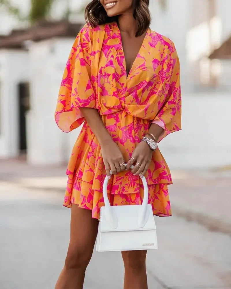 2024 Women's Cross border with Batted Sleeves Fashionable Printed Dress