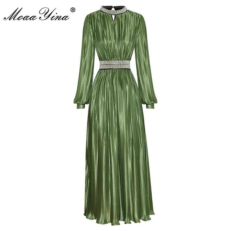 MoaaYina Fashion Designer dress Spring Women's Dress Beading Stand collar Lantern Sleeves Lace-up Pleated Dresses