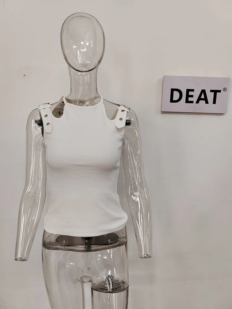 DEAT Fashion Women's Tops Round Neck Hollow Out Khaki Sleeveless Suspender Tank Tops Summer 2024 New Trendy 17A5505H