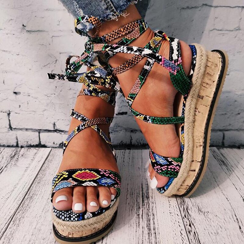 Women's Roman Sandals Leopard Print Ethnic Fashion Print Platform Cross-Tie Open Toe Beach Shoes Casual Wedge Heels Plus Size 43