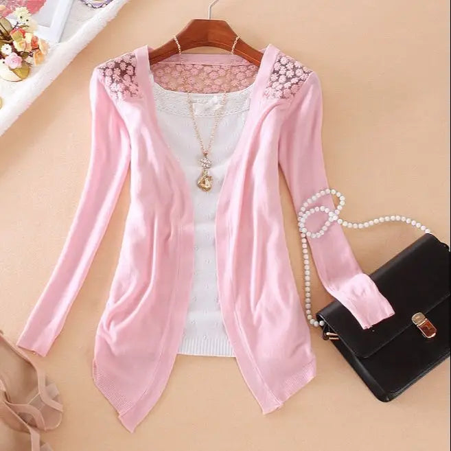 GREMISS New Summer Fashion Women Lace Sweet Candy Color Crochet Hollow Out Knitwear Blouse Full Sweater Cardigan Open Stitch