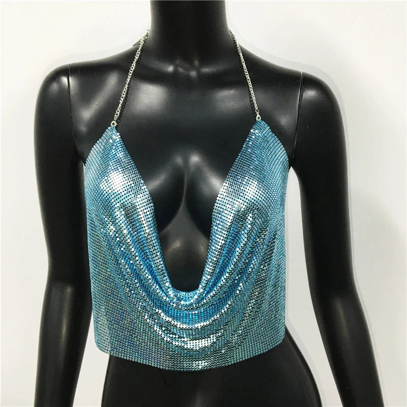 AKYZO Women 2023 Sexy Metal Sequined Tank Camis Summer Gold Silver Backless Cropped Glitter Beach Club Show Wear Tank Tops