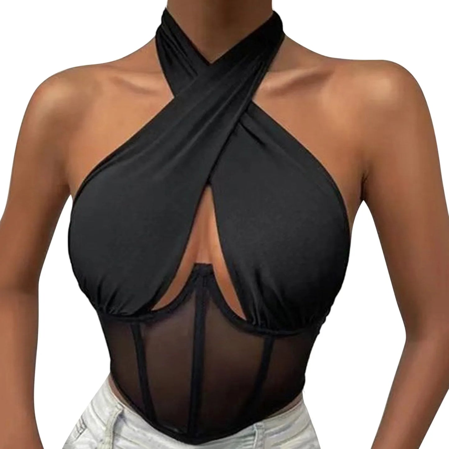 Women Sleeveless Fishbone Corset Vest Solid Hollow Out Cropped Top Summer Halter Backless Sexy Tops Y2k Camis Ropa De Mujer