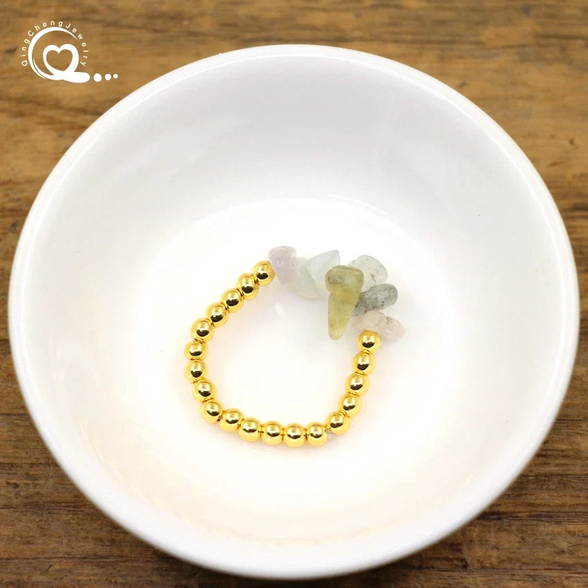 Healing Crystal Chip Stackable Rings Golds Brass Round Beads Natural Stone Gravel Stretchy Ring Fashion Women Jewelry,QC4218