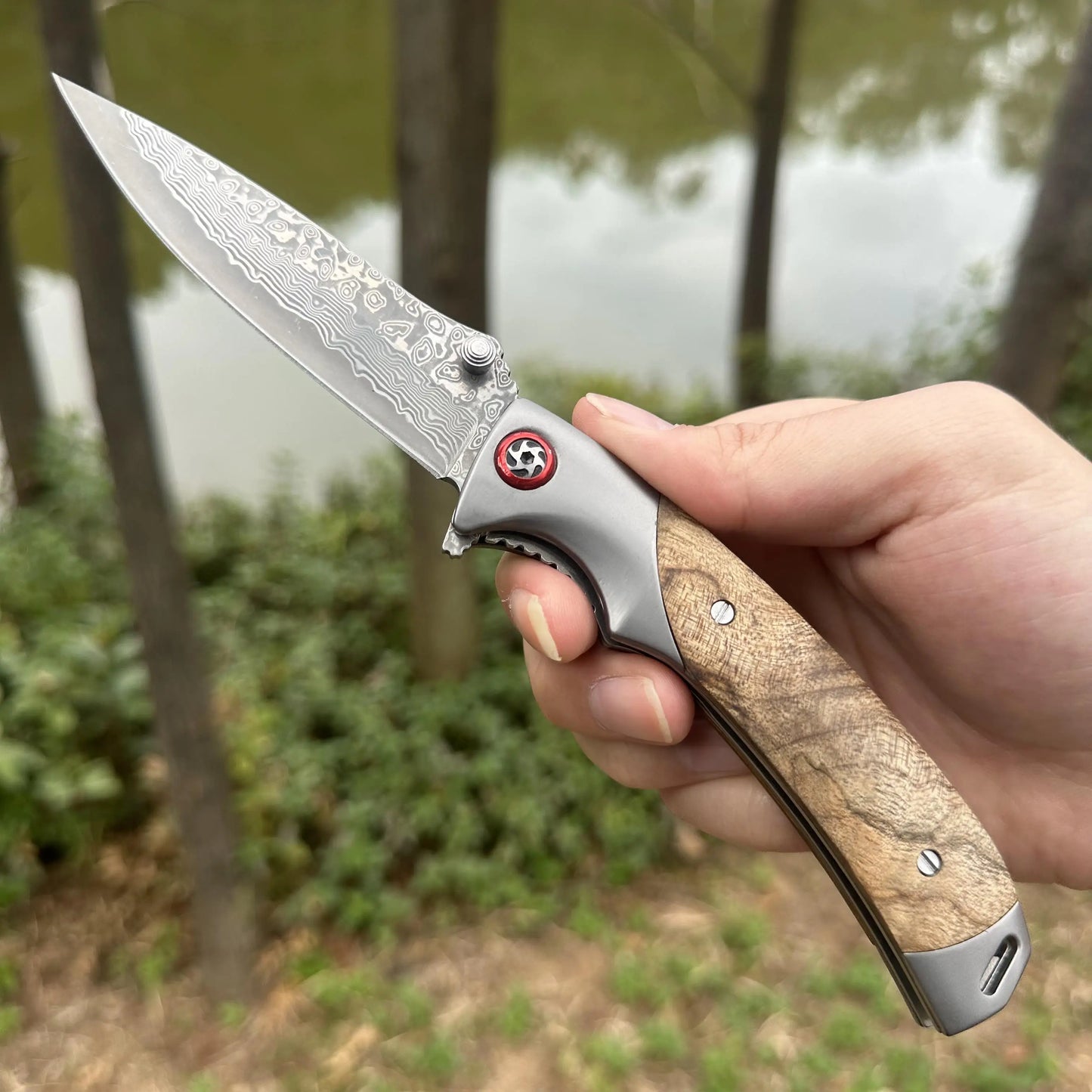 Topwell Handmade YH003 EDC Folding Knife Perfect Quality Damascus Steel Blade Rosewood Handle Kraft First layer Leather Sheath