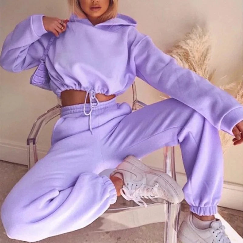 Winter Tracksuit Women Two Piece Set - Oversized Hoodie Sweatpants, Solid Color Sportswear Suit.