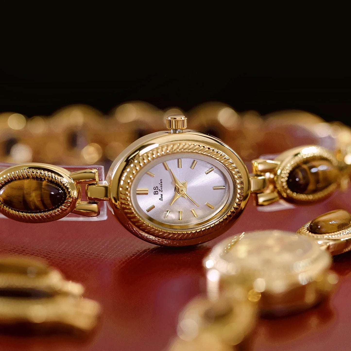 Luxury Golden Vintage Watch Women Elegant Amber Jewelry Quartz Wristwatch New In Women's Watches Fashion Bracelet Gold Watch