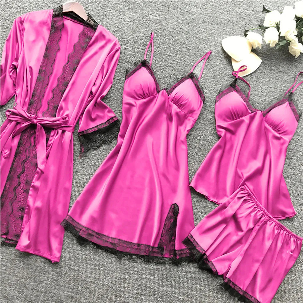 4 Pieces Pajamas Sets Satin Sleepwear Women Silk Nightwear Pyjama Strap Lace Sleep Lounge Pajama with Chest Pads