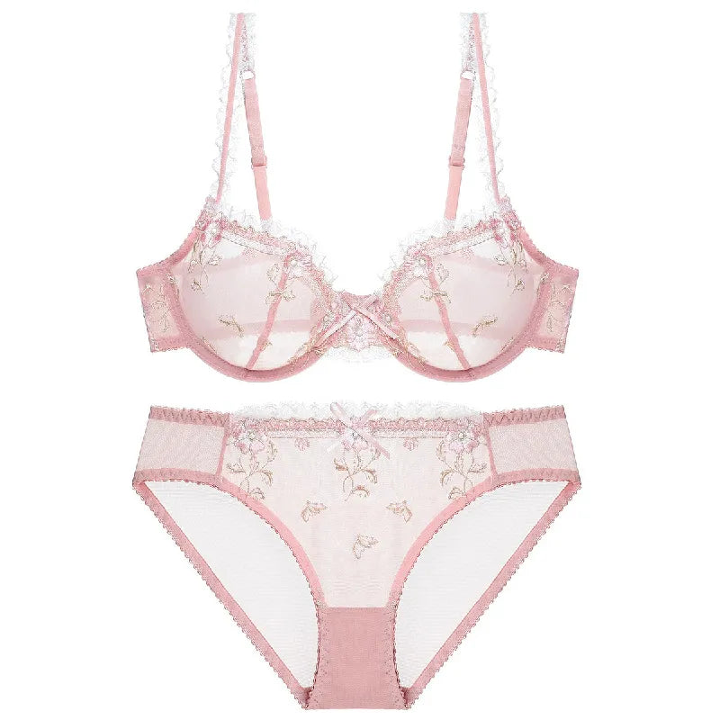 Free Shipping! Exquisite embroidery lotus pink ultra-thin women's sexy transparent lace underwear bra set