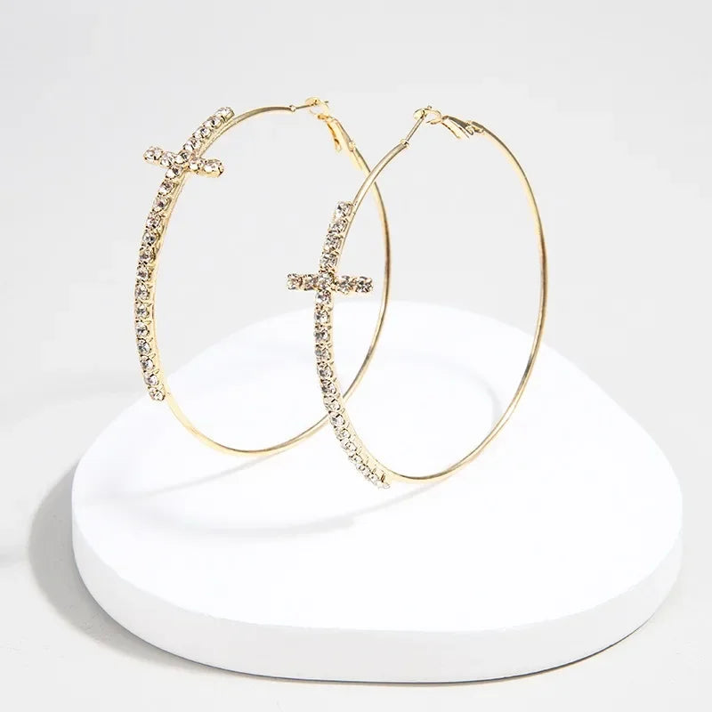 Shiny Big Circel Cross Hoop Earrings for Women Exquisite Rhinestones Ear Buckles Earrings High-end Geometric Ear Rings Jewelry