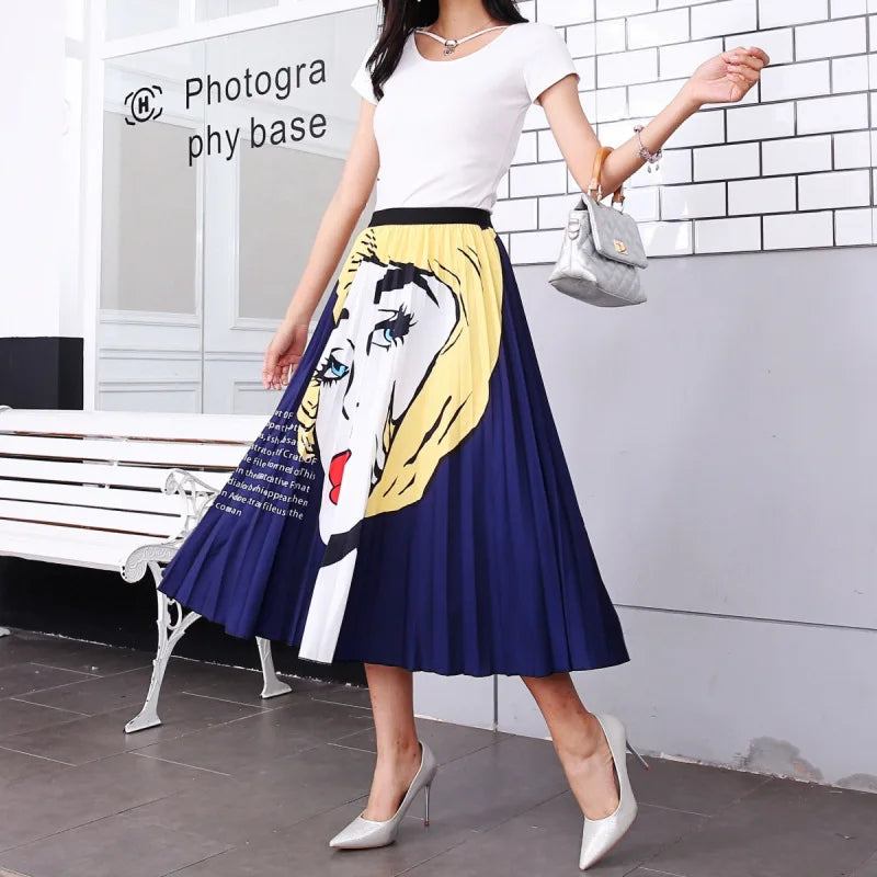 2023 Summer Women Cartoon Print Pleated Skirts A Line High Waisted Elastic Midi Long Skirt Ladies Party Korean Style Dresses