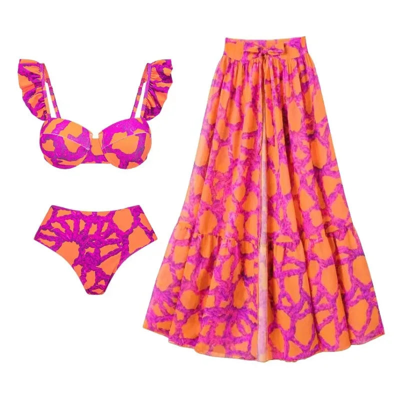 Women's Mini Ruffle Print Bikini Set and Skirt Chic Swimwear Luxury Two Piece Swimsuit Beach Outfits Bathing Suit Beachwear 2024