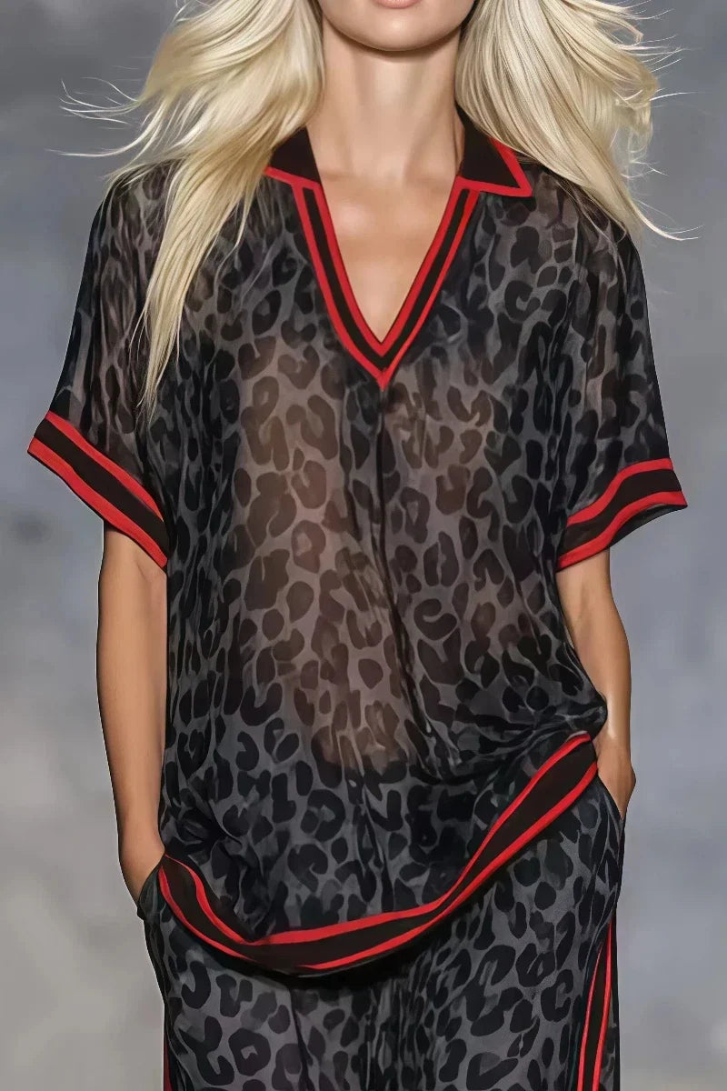 Women Leopard Print Two Piece Set Summer Casual Stripe V-Neck Short-sleeved Top & Wide Leg Pants Red Trim Casual Vacation Outfit