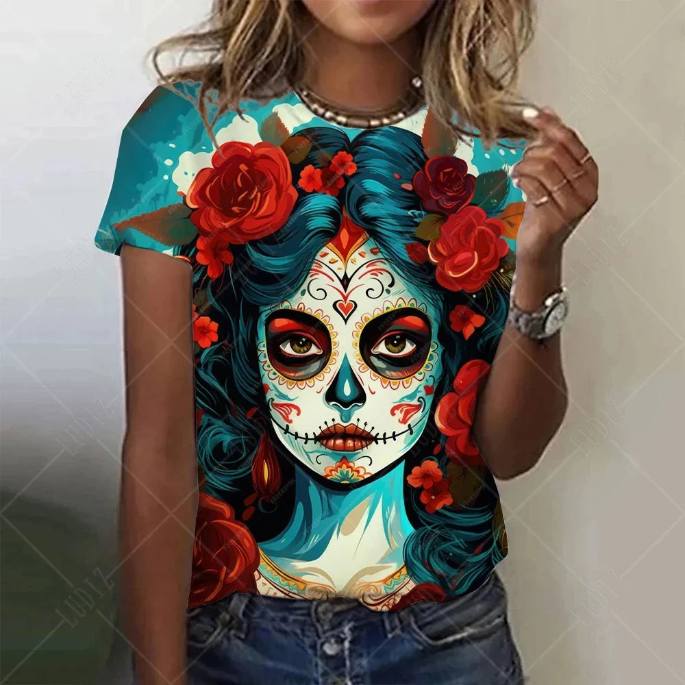 Summer Women Fashion T-shirt Mexican Day Of Dead Tops Tees Female Daily Casual Short Sleeve Clothing Ladies Vintage Outfit