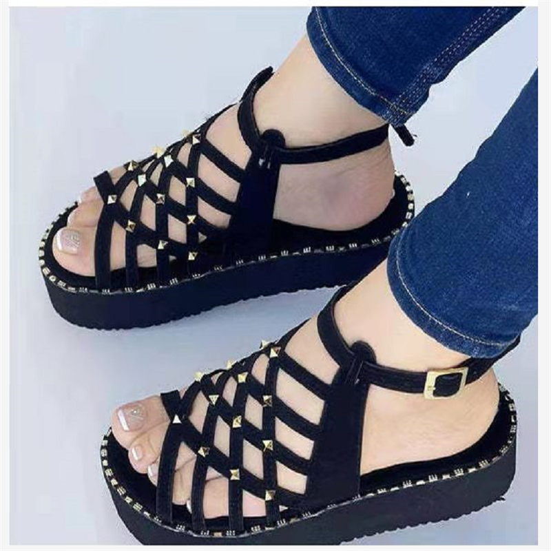 Women's Rivet Sandals 2022 Summer New Fashion Buckle Platform Roman High Heels Casual Sports Beach Wedge Sandals Chaussure Femme