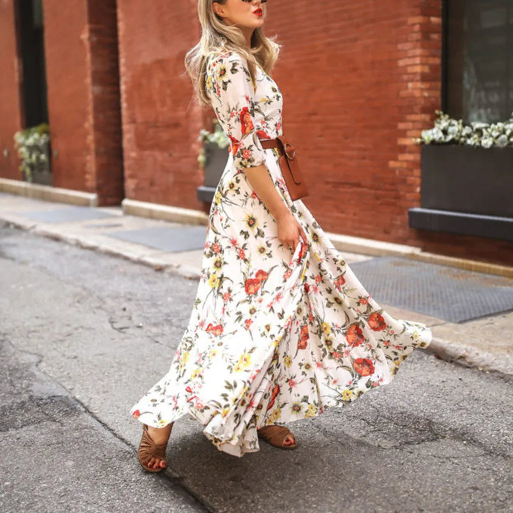 Spring Autumn Vintage Flower Floral Print Maxi Dress Office Lady Fashion Mujer Elegant Long Sleeve O-neck Dresses For Women 2023