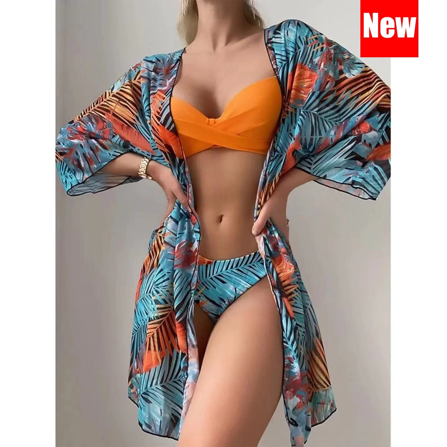 Three Pieces Bikini Set Cover Up Women New Push Up Twist Swimsuit Print Long Sleeve Swimwear Biquini Bathing Suit Summer