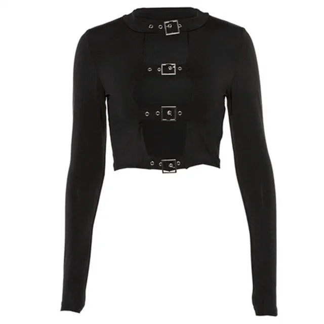 Yangelo Goth Sexy Hollow Out Crop Top Long Sleeve Aesthetic Tees Y2K Punk Grunge Black T Shirts Women Streetwear Top